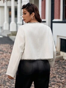 Vionelle Plus Size Women's Elegant Black And White Formal Office Cardigan Jacket,Featuring Chest Pocket,Front & Hem Lace Trim,Long Sleeve,Autumn Winter Cloth - White - View 2