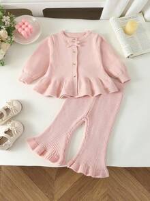 SHEIN Vintaside Kids 女婴针织毛衣和喇叭裤两件套，粉色纯色百搭时尚服装，适合秋冬季节，适合日常穿着、外出和上学 - 粉色 - 查看 3