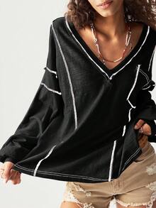 Bohemela 大码豹纹V领休闲长袖T恤