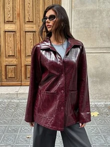 Aloruh Chaqueta regular de PU con cuello alto burdeos para mujer, otoño/invierno - Burdeos - Ver 7