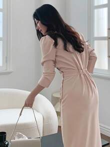 DAZY Women V-Neck Waist Cinched Mid-Length Shirt Dress