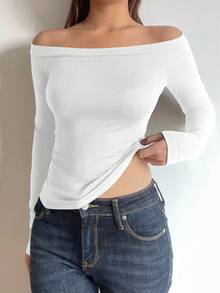 SHEIN BASICS Casual Solid Color Knit Off-Shoulder Long Sleeve Fitted Women Top,Fall