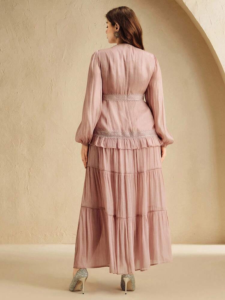 ANEWSTA Elegant Vacation Romantic Shiny Bubble Contrast Lace Trim V-Neck Long Sleeve Dress