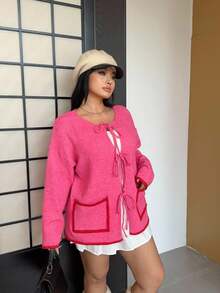 Sunnyshic Damen Große Größen Kontrast Saum Tasche Schleife Vorne Strickjacke, süß & lässig