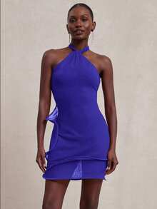 NYA SZN 连衣裙 挂脖领口荷叶边细节 特殊场合 早午餐 毕业典礼 婚礼 宾客 新娘派对 春夏 迷你弹力针织连衣裙 女士 - 藍色 - 查看 8