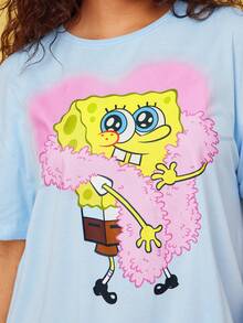 SpongeBob SquarePants | SHEIN 大码女式夏季休闲可爱卡通印花宽松睡衣连衣裙，哞哞睡裙 - 淺藍色 - 查看 3