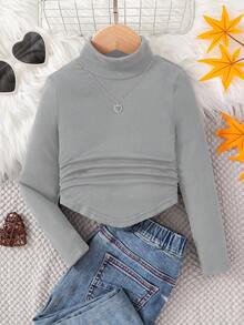 SHEIN Young Girl Black Mock Neck Ruched Basics Solid Color Knit Tee,Great For Casual & Daily Wear & School Daily In Autumn & Winter Fall - Grey - View 2