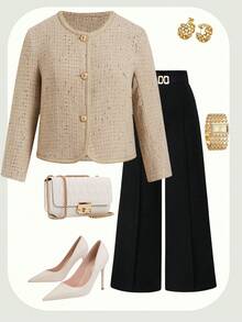 Ellevyn Plus Size Women's Jacket, Elegant Patchwork Tape Design, Metal Button Decor, Suitable For Autumn & Winter Fall - Khaki - View 10