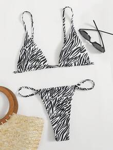 Swim Basics Summer Beach Zebra Striped Pattern Thong Bikini Set - Black and White - View 4