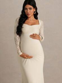 MaterniChic Autumn And Winter Elegant Contrast Lace Fishtail Hem Maternity Dress, Autumn Maternity Gown For Photoshoot Wedding Dress Long Sleeve Pregnant Dress Maternity White Dress Pregnancy Dress For Photoshoot - Apricot - View 6