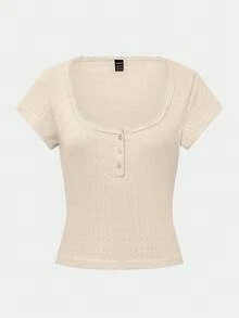 Vionelle Moosta Plus-Size Women's Sweet Lace Trim Short Sleeve T-Shirt, Slim Fit 3-Button Casual Pink Tee Tops Summer Milkmaid Top Cream Top White Knit Top Lace Undershirt - Apricot - View 5