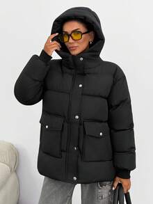EURMUSE Casual Solid Color Hooded Jacket, Winter - Black - View 4