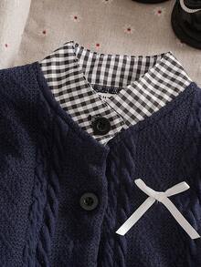 SHEIN 2件套女婴2025春秋长袖格子拼布上衣+黑色裙子套装