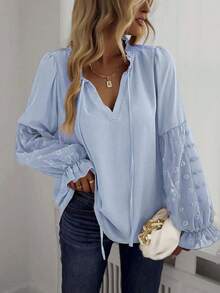 EMERY ROSE Frill Trim V-Neck Puff Sleeve Embroidered Chiffon Blouse Fall Cloth For Women Swiss Dot Blouse Puff Sleeve Blouse Baby Blue Top Lantern Sleeve Blouse Light Blue Blouse - Baby Blue - View 6