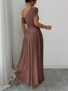 Selianne Váy dài kiểu Pháp thanh lịch màu trơn dành cho nữ, váy dài dệt kim xếp ly bất đối xứng, đầm dạ hội sang trọng - màu nâu - Xem 2