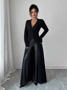 Elenzga 女士秋冬休闲复古风开衫，百搭优雅，修身剪裁，长款，轻盈黑色针织毛衣，适合外出、约会、工作、上学、度假 - 黑色 - 查看 4