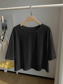 Comfortcana Áo thun ngắn tay màu đen trơn dáng rộng thường ngày - màu đen - Xem 1