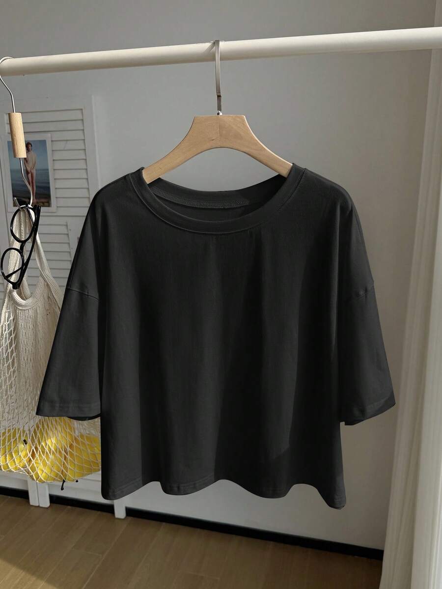Comfortcana Áo thun ngắn tay màu đen trơn dáng rộng thường ngày - màu đen - Xem 1