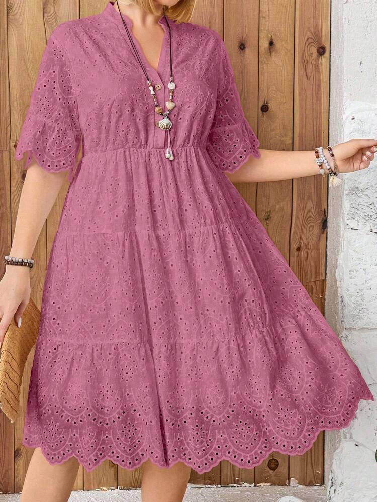 Breezaya Vestido casual de manga corta con cuello en V hueco y bordado para mujeres de talla grande - Rosa - Añade 5
