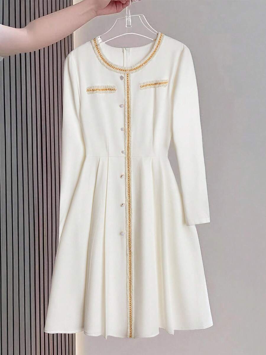 SHEIN Franclia Women's Elegant Mid-Length Dress With Long Sleeves, Button Design And Woven Tape Patchwork Fall Cloth For Women - White - View 1