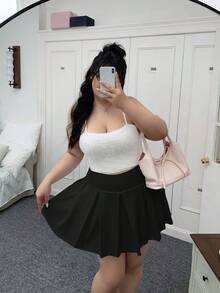 SHEIN EZwear 大码纯色休闲百褶迷你裙 - 黑色 - 查看 9