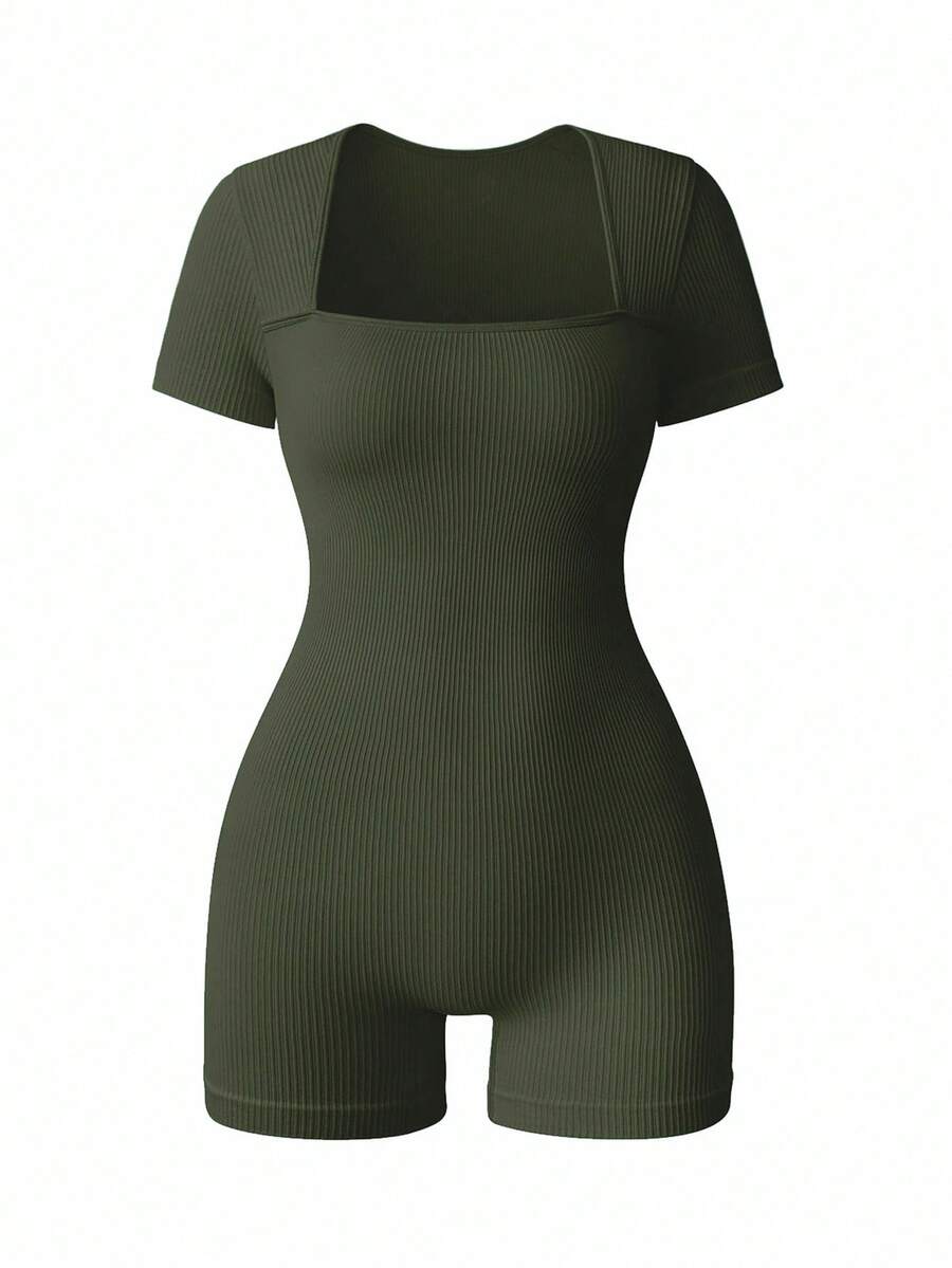 Gameset SHEIN Sport 无缝罗纹高弹力瑜伽运动连体裤 - 軍綠色 - 查看 1