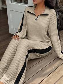 SHEIN 女士休闲撞色拼接半拉链领长袖上衣和阔腿裤家居服套装，两件套罗纹家居服，长袖家居服，女士家居服套装，秋冬服装，舒适套装 - 卡其色 - 查看 6