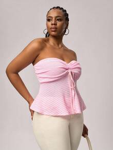 SHEIN Tall CURVE 大码粉色条纹针织抽绳抹胸，四季皆宜 - 彩色 - 查看 5
