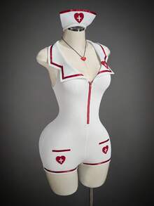 SHEIN ICON Bộ đồ liền thân chủ đề y tá gợi cảm dành cho nữ - trắng - Xem 6