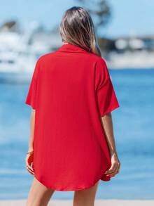 Sylviya 纯色吊带背心、短裤和落肩衬衫 - 紅色 - 查看 2