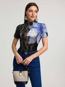 Modelyn Camiseta corta de manga corta con estampado floral casual para mujeres - Multicolor - Ver 4