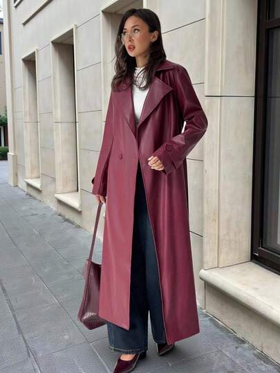 Aloruh Women's Solid Color Lapel NeckLong Sleeve Double-Breasted PU Leather Long Fashionable Regular Jacket In Fall/Winter