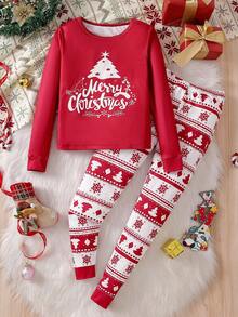 SHEIN 1 套圣诞快乐男孩睡衣，紧身睡衣，红色长袖上衣，饰有白色装饰圣诞树图案和草书字体“圣诞快乐”文字，配套图案下装，带有分层圣诞树和白色雪花，弹性透气针织面料，可机洗，穿着舒适，易于护理，母子装（4 套单独出售）