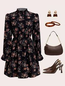 Ellevyn Women's Elegant Floral Print Commuter Dress - Black - View 2