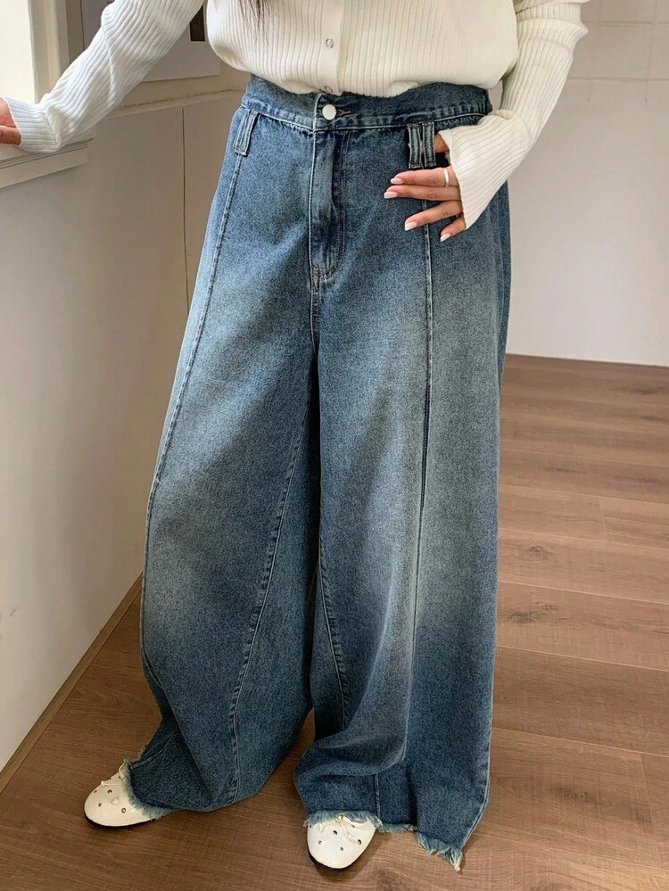 Dazy Plus Vintage Washed Blue Loose Distressed Split Line Waist Decor Plus Size Loose Fit Long Denim Dress, Plus Size Women Autumn Women Jeans