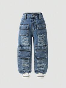 SHEIN Pantalones cargo de mezclilla rectos con pierna recta, lavado azul claro, con múltiples bolsillos, estilo vintage de calle, desgastados y rotos, para niña joven - Azul lavado oscuro - Ver 3