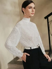 Anewsta 女士优雅串珠网眼长袖衬衫