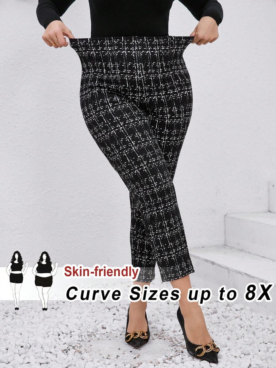 SHEIN CURVE+ Plus Size High Waist Elastic Plaid Simple Slim Fit Casual Pants,Office For Women/Autumn /Winter - Black and White - View 1