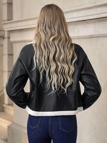 SHEIN Clasi Jachetă casual din fleece cu umeri căzuți, cu nasturi, pentru femei, toamnă/iarnă - Negru - Vizualizare 7