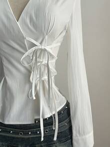 Elamini Sexy Collared Side Lace-Up Waist Slim Fit Long Sleeve Blouse For Women - White - View 6