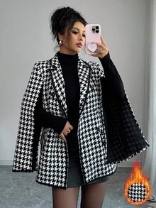 Elenzga Áo khoác len cổ ve lật họa tiết răng sói thanh lịch dành cho nữ - Đen và trắng - Xem 2