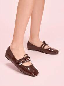 CUCCOO DOLLMOD 香槟色网眼亮片方头平底优雅休闲玛丽珍鞋，适合茶会、约会、优雅装扮、校园风格、舞会 - 棕色 - 查看 1