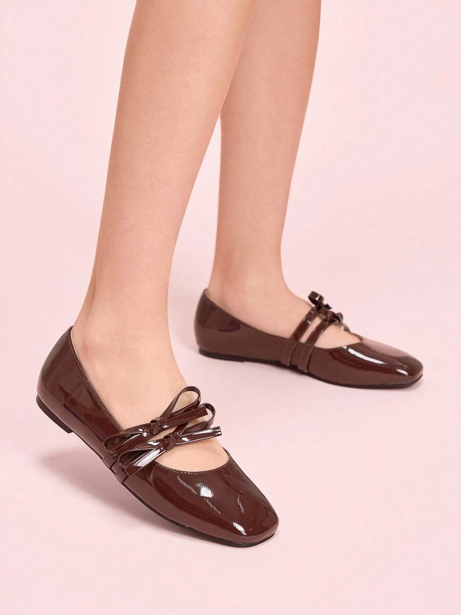 CUCCOO DOLLMOD 香槟色网眼亮片方头平底优雅休闲玛丽珍鞋，适合茶会、约会、优雅装扮、校园风格、舞会 - 棕色 - 查看 1