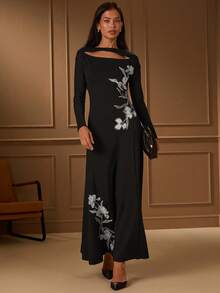 Lilora Women's Elegant Floral Embroidery Hollow-Out Long Sleeve Dress Fall Elegant And Dignified Office Work,Events,Daily,Vacation - Black - View 7