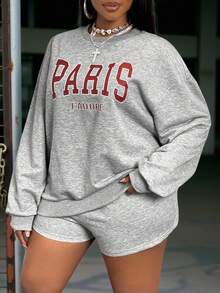 Slaydiva 2025 秋冬新品女士休闲花卉印花长袖宽松圆领图案T恤和阔腿短裤休闲套装，面料柔软大码女士运动服 - 灰色 - 查看 5