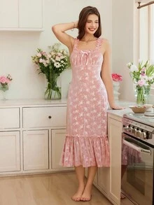 Snug Reverie Women's Floral Jacquard Velvet Midi Bodycon Dress With Ruffle Hem And Spaghetti Strap - Pink - View 4