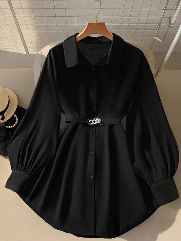 Rometta Blusa de mujer con mangas de linterna largas y decoración de metal, elegante y de moda