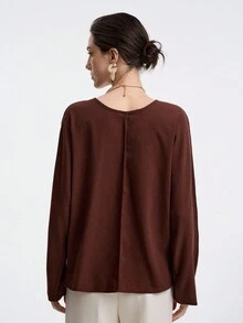 Aalyst Damen elegante Mode Pendler Lässig Komfortable Charmante Retro Minimalistische Hochwertige Umkehrbare Langarm Rundhals Strickjacke Einfarbiges Hemd - Mokka-Braun - Übersicht 2