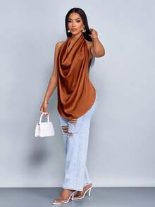 SOLERSUN Áo vest dệt vải dệt kim cổ chữ V sâu màu mơ bóng dành cho nữ mùa xuân và mùa hè, áo vest hở lưng, cổ bẻ, viền cong - Rỉ Nâu - Xem 6