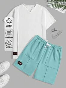 RueChic Men Cottonline Patched Pocket With A Label Drawstring Waist Regular T-Shirt & Short Two Pieces - Baby Blue - View 1